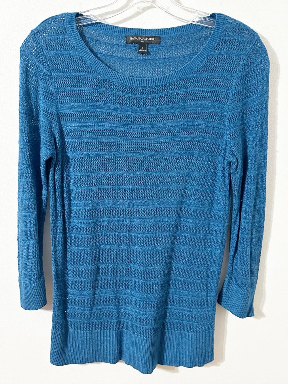 Banana Republic Size Small Teal Blue Open Knit Lightweight Sweater 3/4 Sleeve